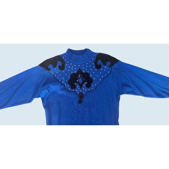 Vintage A'Milano Blue Sweater Dress Fringe Western 80s / 90s Size Med - Picture 3 of 8